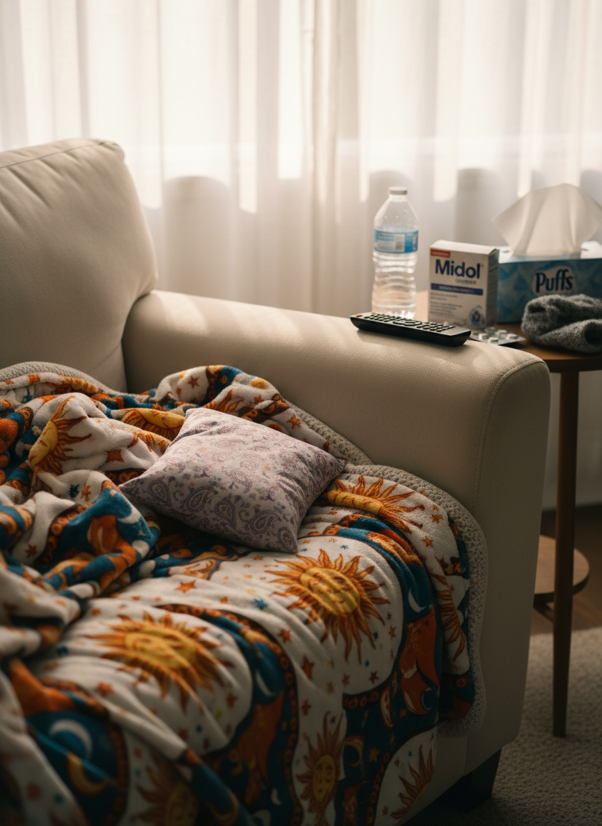 A cozy living room sofa indentation with a rumpled, brightly patterned blanket, a microwavable heat pack, and an over-the-counter medicine box resting on a small side table. A half-empty water bottle, a discarded fuzzy sock, and a box of tissues sit nearby, while the TV remote lies just out of reach on the cushion. Late afternoon light pours in through sheer curtains, creating a warm, golden glow and gentle shadows across the fabric textures. Photographic realism, captured from a close, slightly side-on angle with a shallow depth of field, emphasizing the softness of the scene and the relatable reality of period cramps, tummy troubles, and self-care downtime.