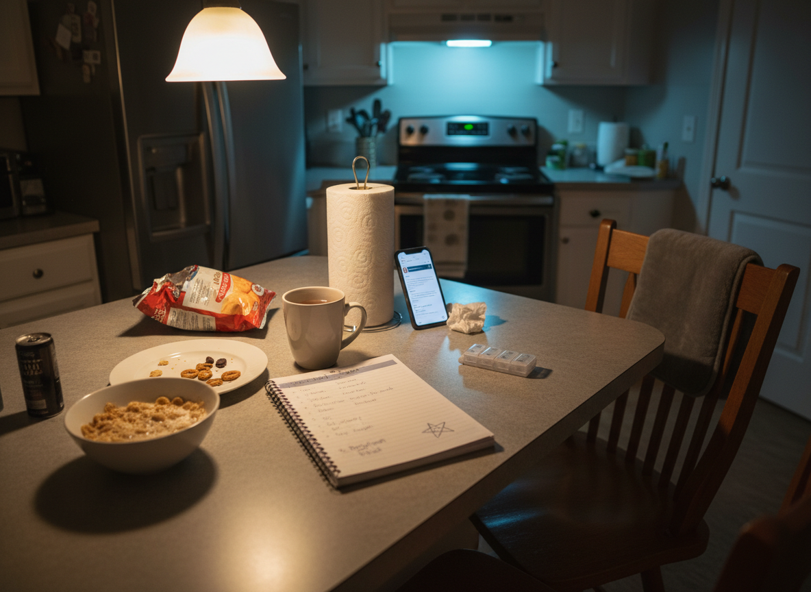 A cluttered but comforting kitchen counter late at night, covered with half-finished snacks, a lukewarm mug of tea beside an open notebook, and a smartphone propped against a roll of paper towels. A small pill organizer, a crumpled tissue, and a heating pad draped over a chair quietly suggest digestive discomfort and emotional overwhelm. The only light comes from the warm overhead fixture and the cool bluish glow of a range hood, creating soft highlights and long shadows. Shot in photographic realism from a slightly elevated angle, the mood is intimate, exhausted, and a bit humorous in its messy honesty about women’s daily life and invisible labor.