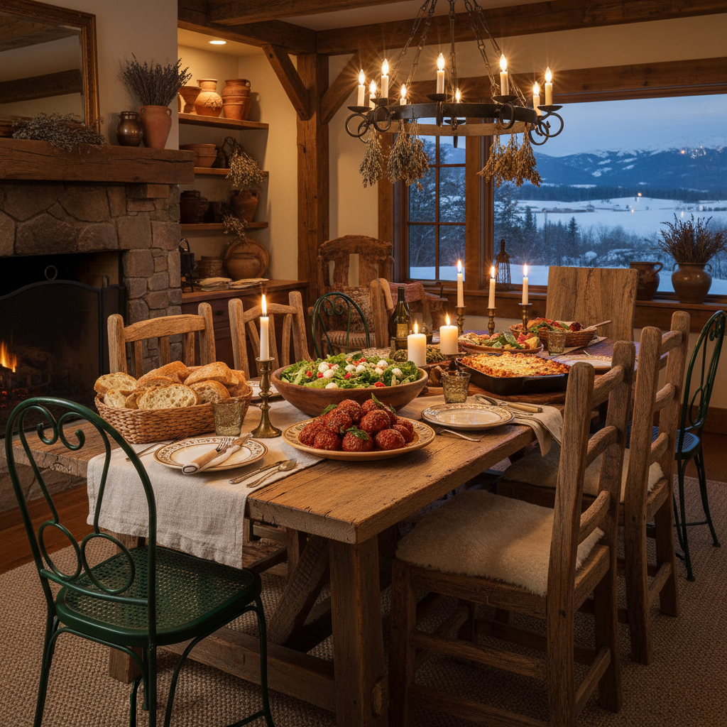 A rustic barnwood dining table set for an Italian dinner with a mix of seating: some classic Italian bistro wrought iron chairs and some rough-hewn rustic wooden ranch chairs around the same table. Table is beautifully arranged with a fresh green salad with romaine lettuce, cherry tomatoes, and fresh mozzarella, a plate of homemade meatballs, baked ziti with bubbling cheese, and a basket of fresh crusty bread. Candles lit, warm ambient lighting, cozy and inviting. Montana-meets-Italy farmhouse charm.
